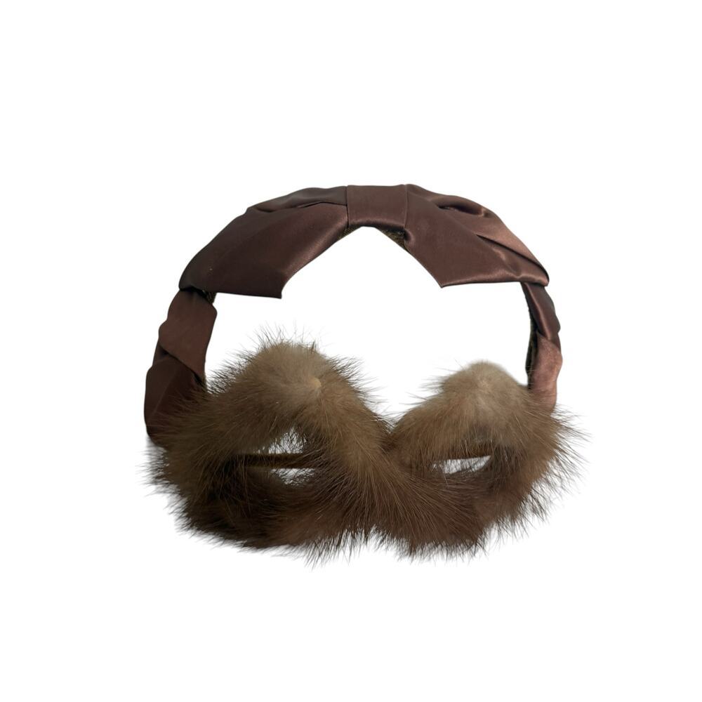1940s Mink Fur Satin Fascinator Hat Brown Vintage Mob Cap Pinup Retro - Picture 5 of 8